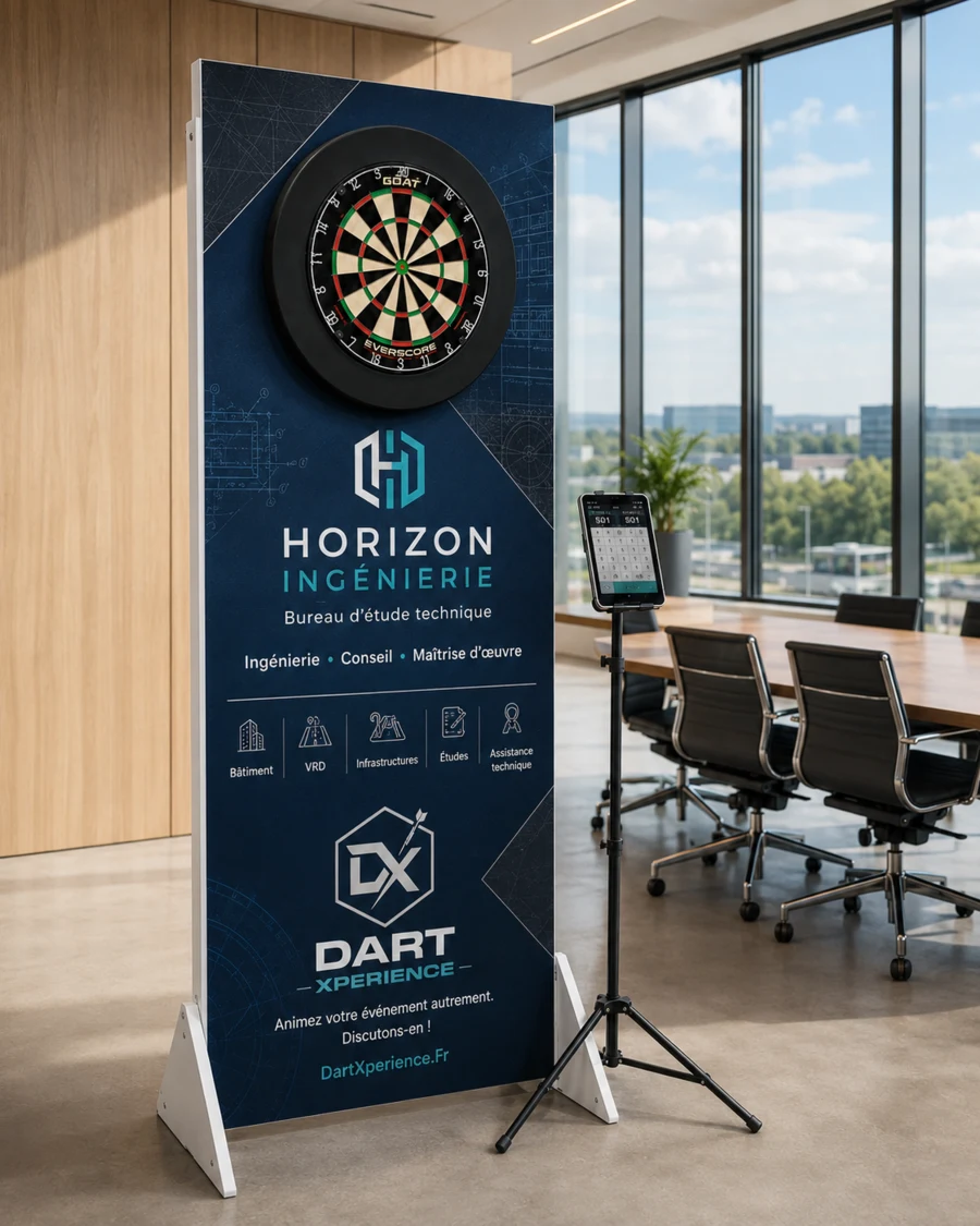 Support Dart Xperience personnalisé Horizon Ingénierie dans une salle de réunion lumineuse